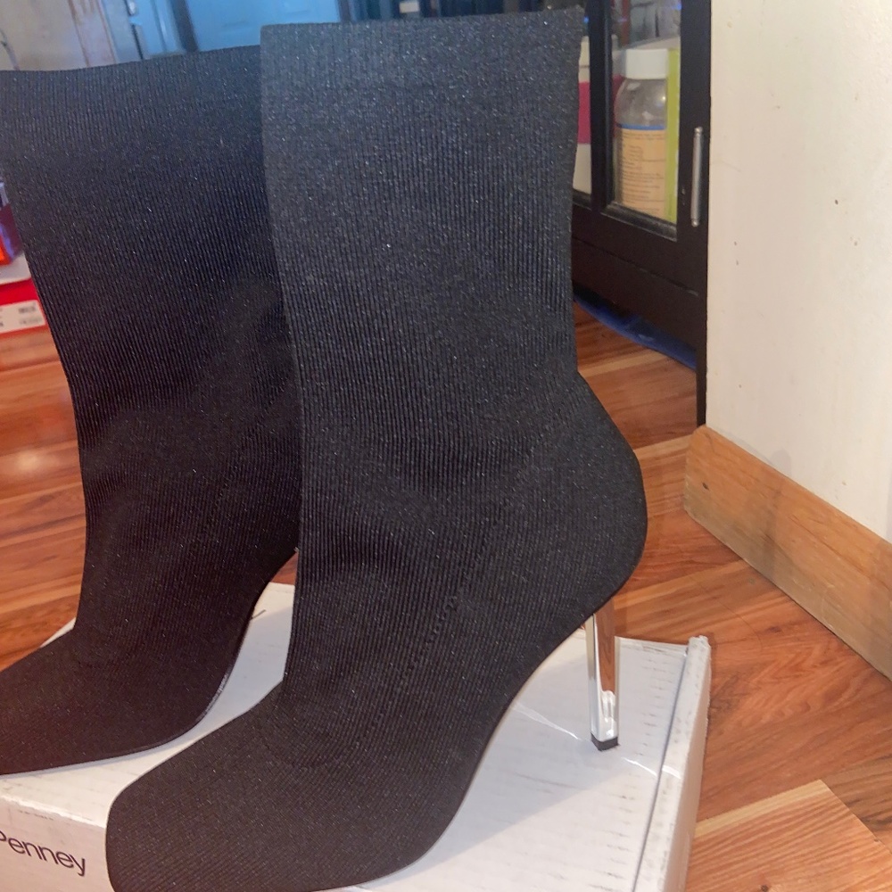 Black Stiletto Sock Booties w/Silver Heel